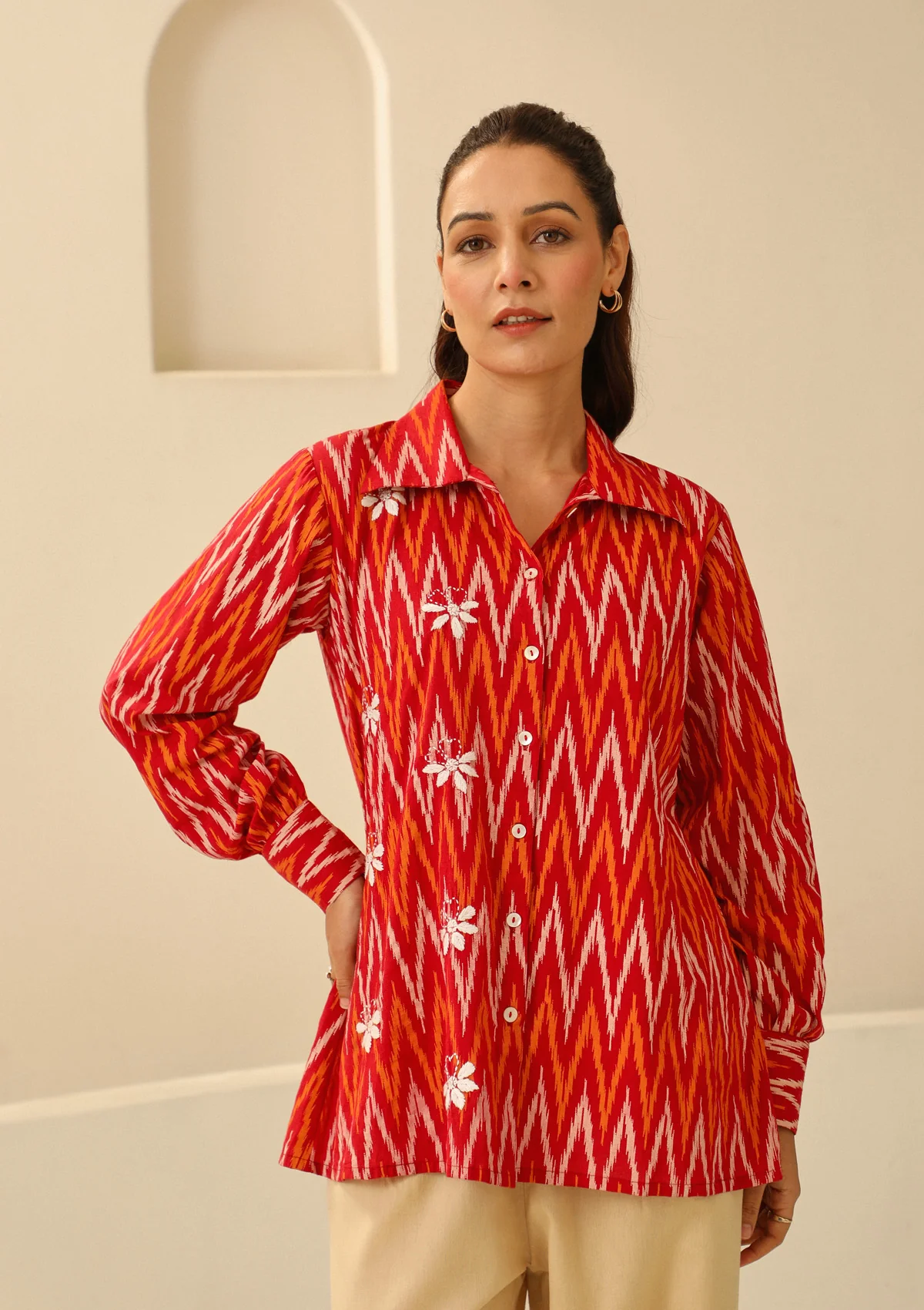 HOC Cotton Chikankari Printed Women's Shirt - Red - Healthber