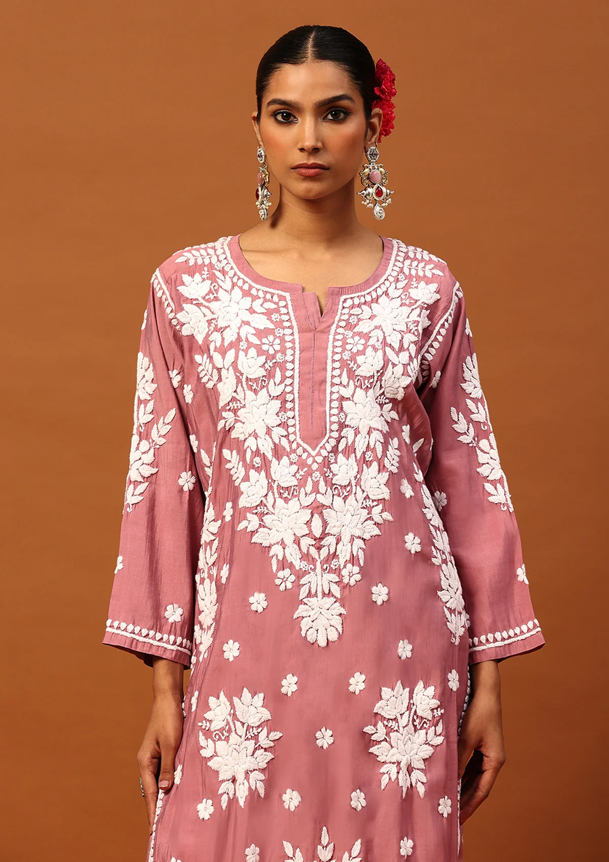 HOC Chanderi Chikankari Solid Women's 2 PC Long Kurta Set -Mauve - Healthber