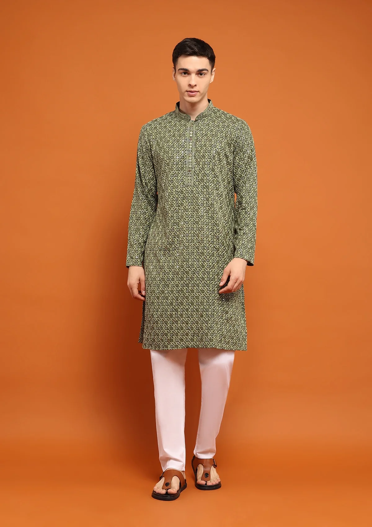 HOC Rayon Embroidered With Sequins Solid Men's Long Kurta- Green - Healthber
