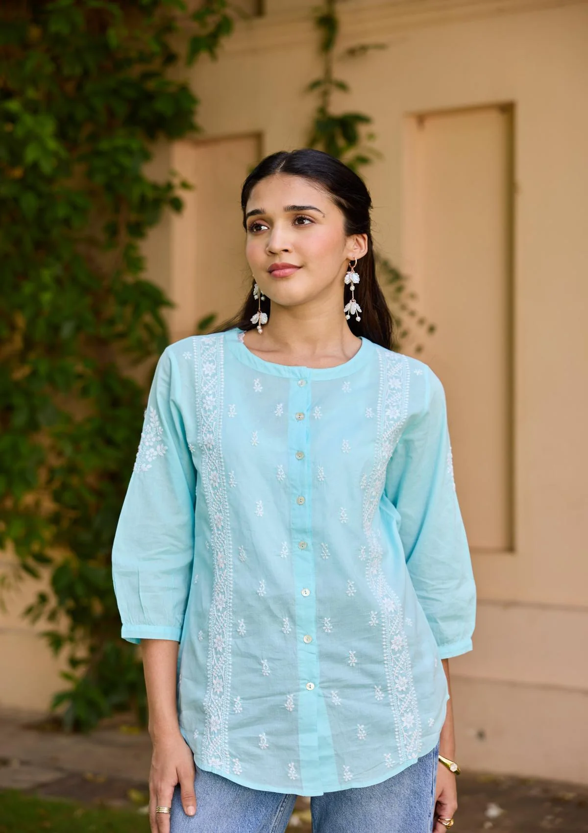 HOC Cotton Chikankari Solid Women's Shirt - Powder Blue - Healthber