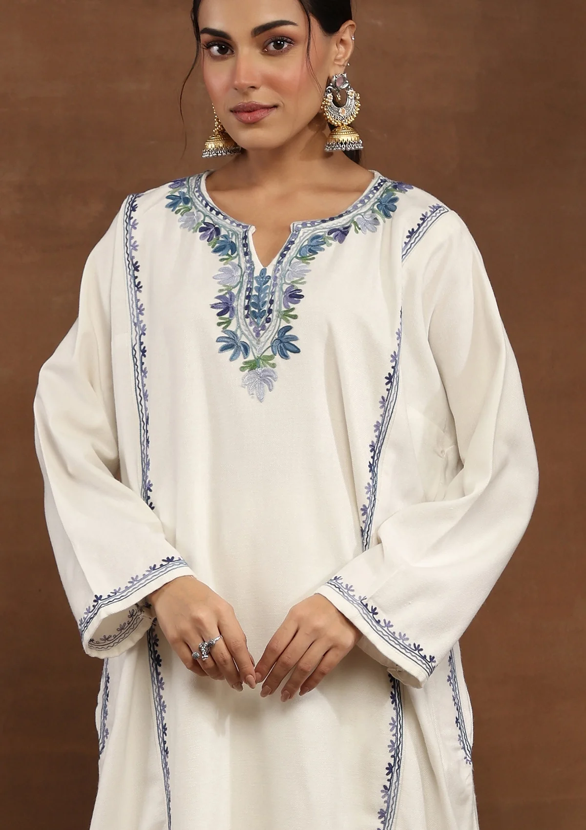 HOC Crafts Kashmiri Wool Aari Embroidered Solid Women's 2 PC Phiran Set -White - Healthber