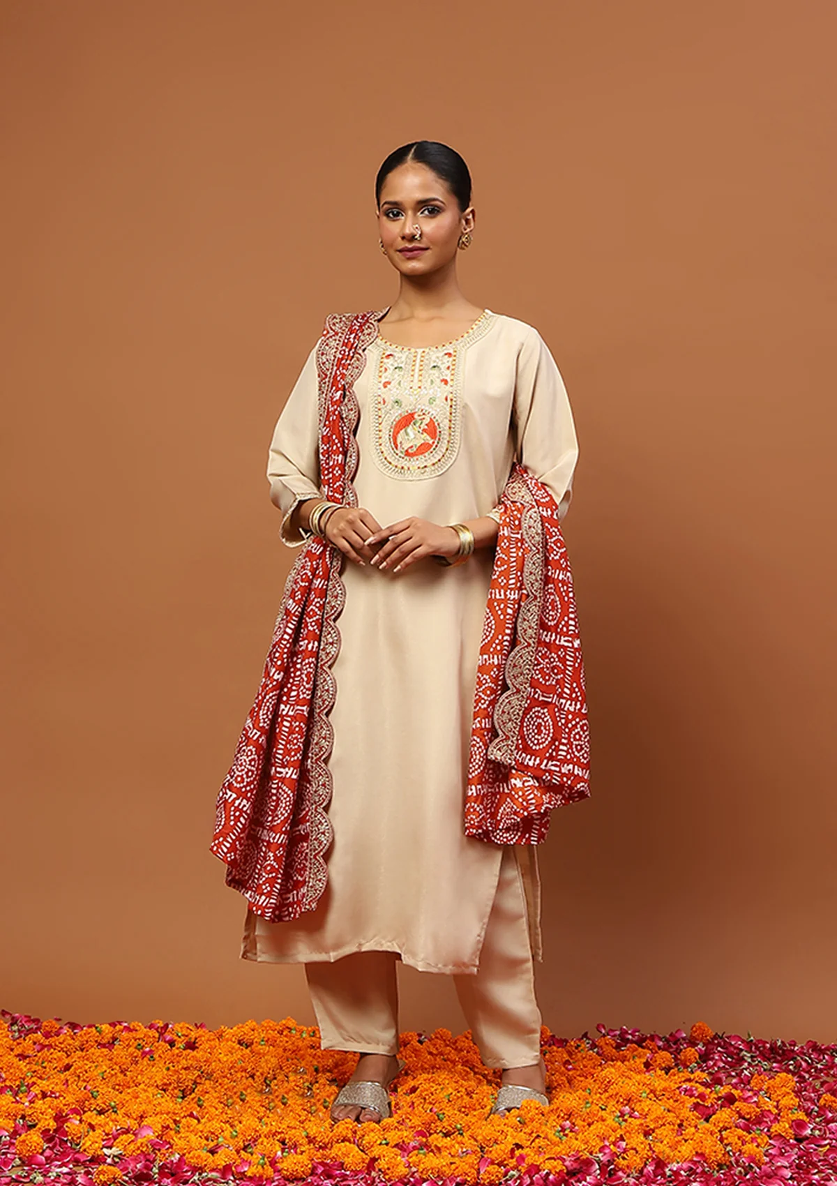 HOC Cotton Blend Embroidered With Sequin 3 PC Straight Kurta Set  C Beige - Healthber
