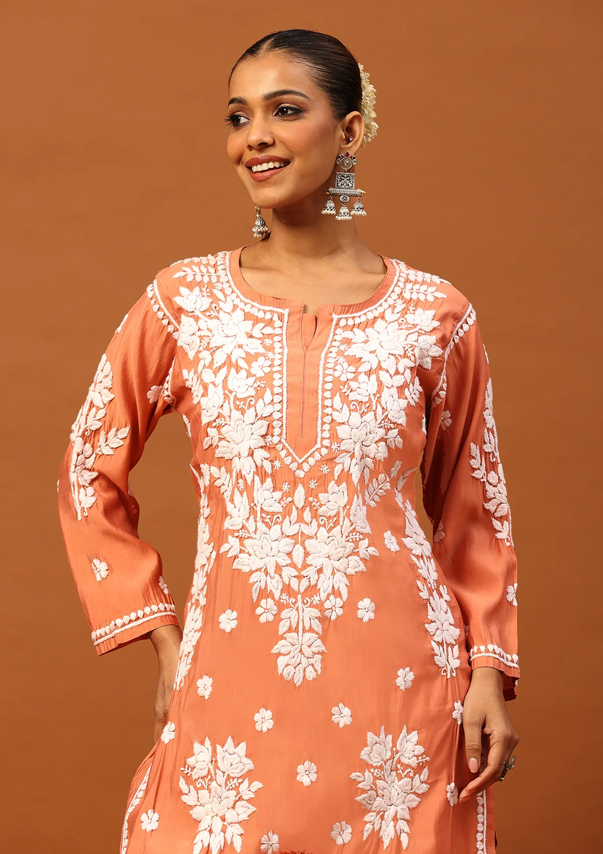 HOC Chanderi Chikankari Solid Women's 2 PC Long Kurta Set -Peach - Healthber