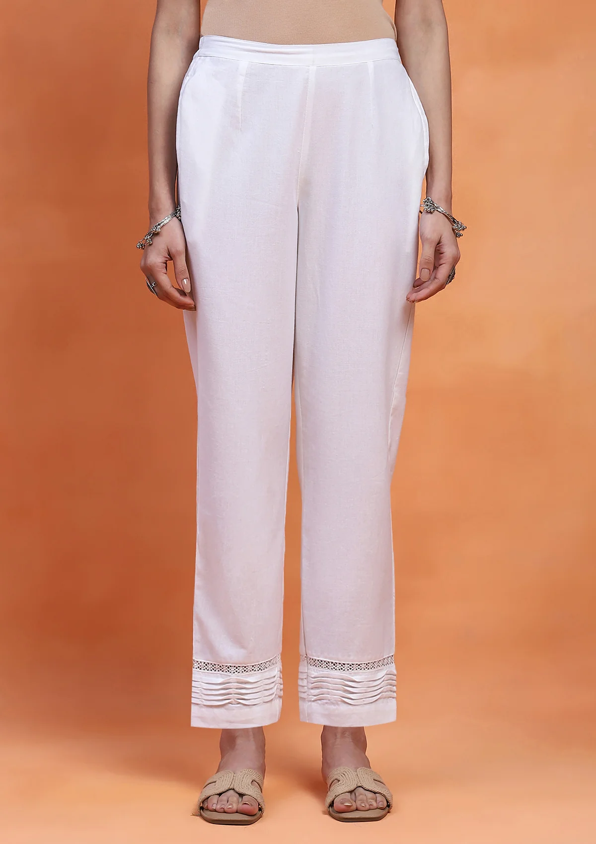 HOC Cotton Loom Solid Women's Pintuck Pants with Lace - White - Healthber