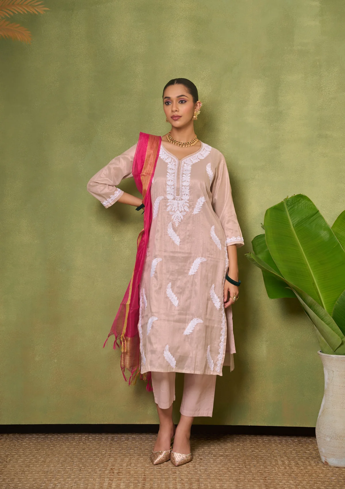 HOC Tissue Silk Chikankari Solid Women's 4 PC Long Kurta Set - Beige - Healthber