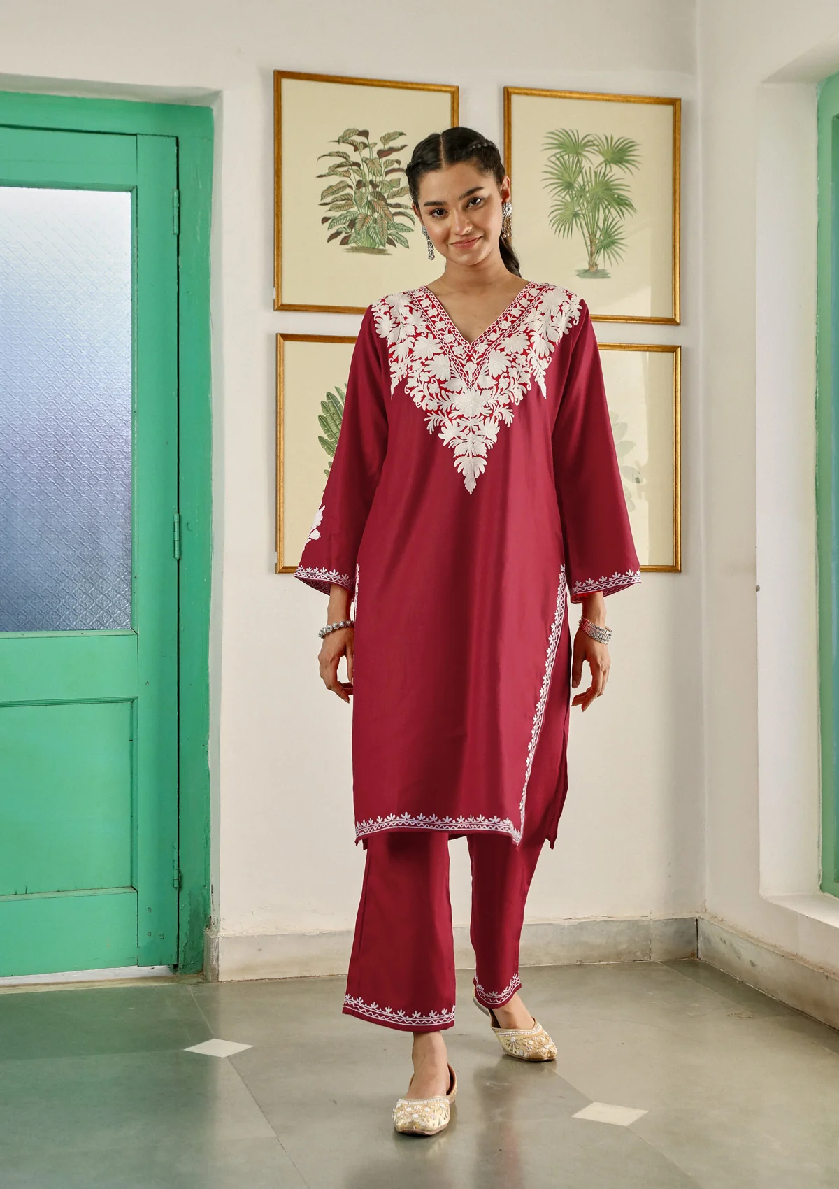 HOC Cotton Aari Embroidered Solid Women's 2 PC Long  Kurta Set - Red - Healthber