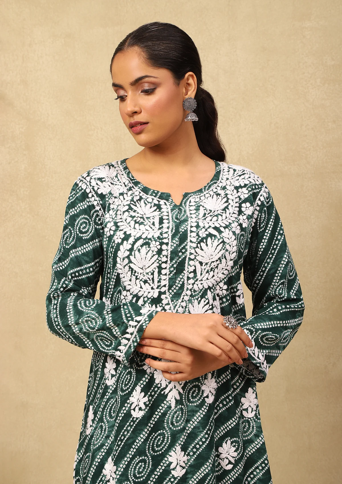 HOC Rayon Chikankari Bandhani Printed Women's Long Kurta-Green - Healthber