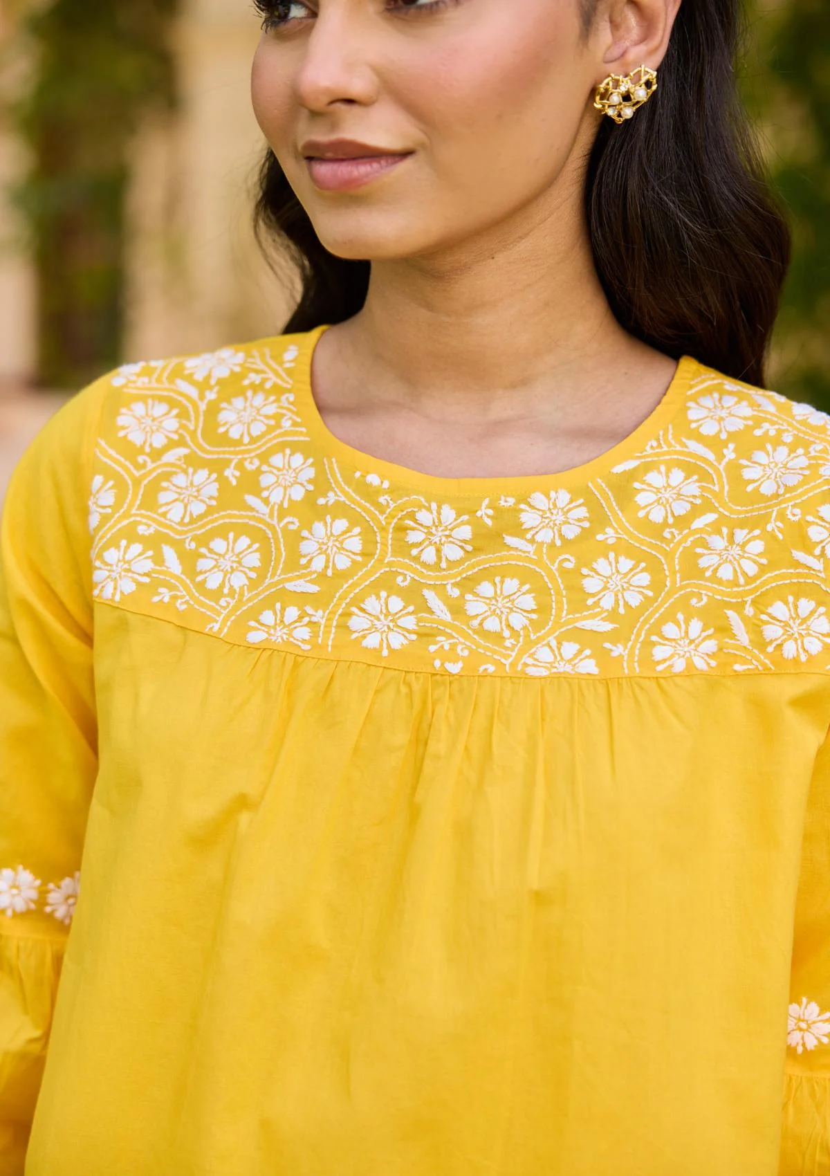 HOC Cotton Chikankari Solid Women's Top - Yellow - Healthber
