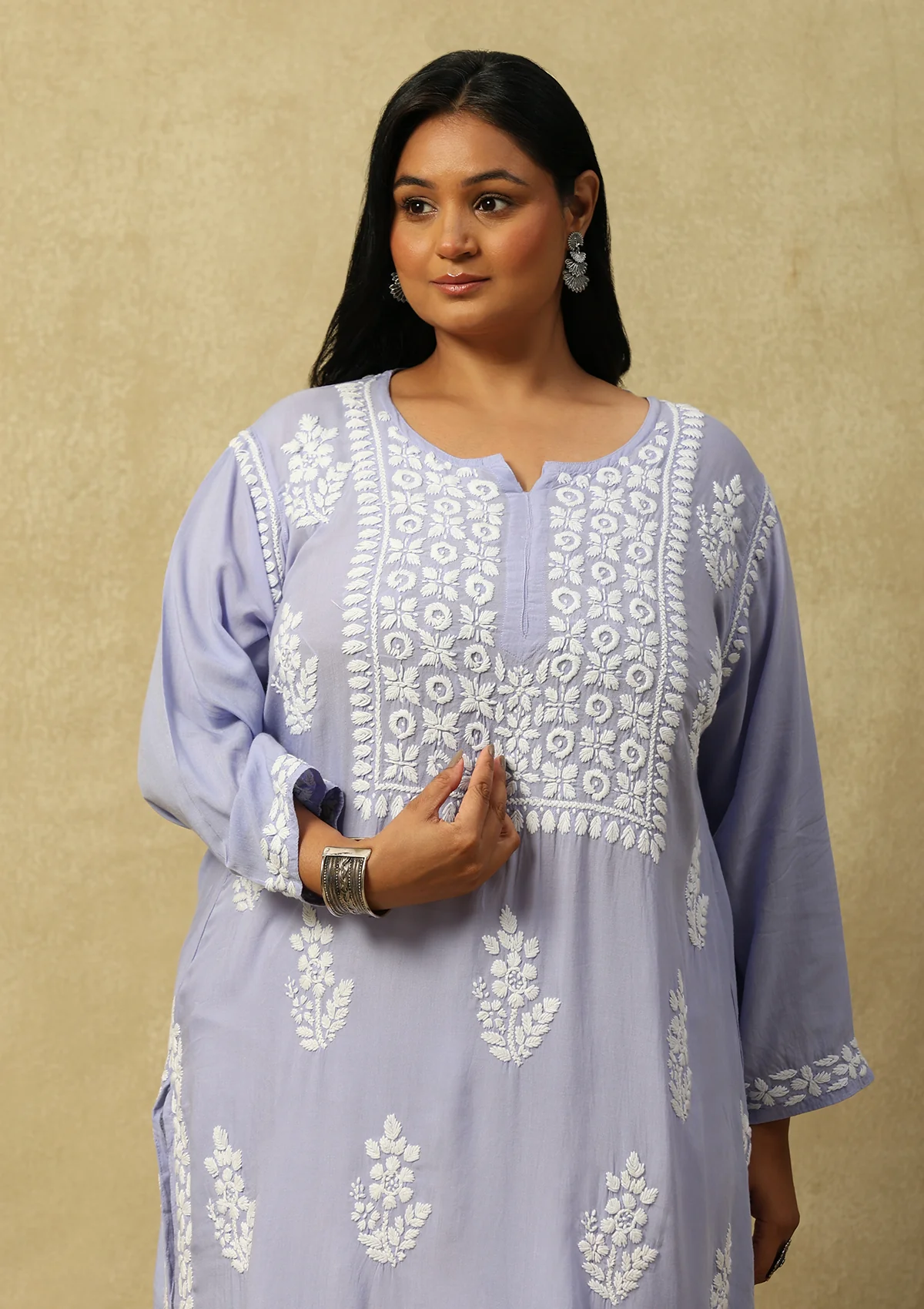 HOC Modal Chikankari Solid Women's Long Kurta -Lavender - Healthber