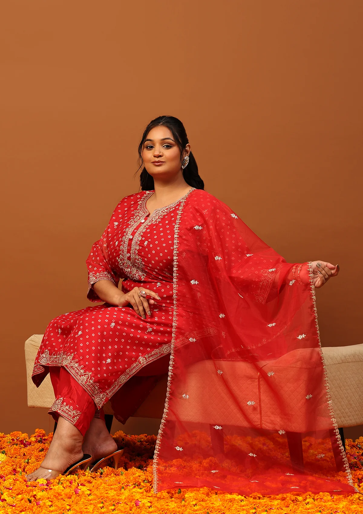 HOC Organza Zari Embroidered With Sequins Bandhani Printed Women's Straight Kurta Set-Red - Healthber