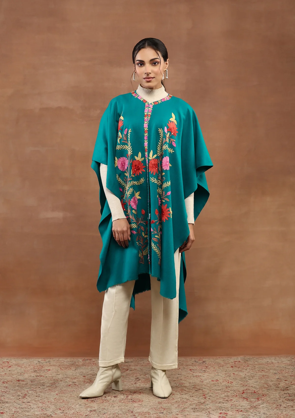 HOC Kashmiri Wool Aari Embroidered Solid Women's Cape -Teal Green - Healthber