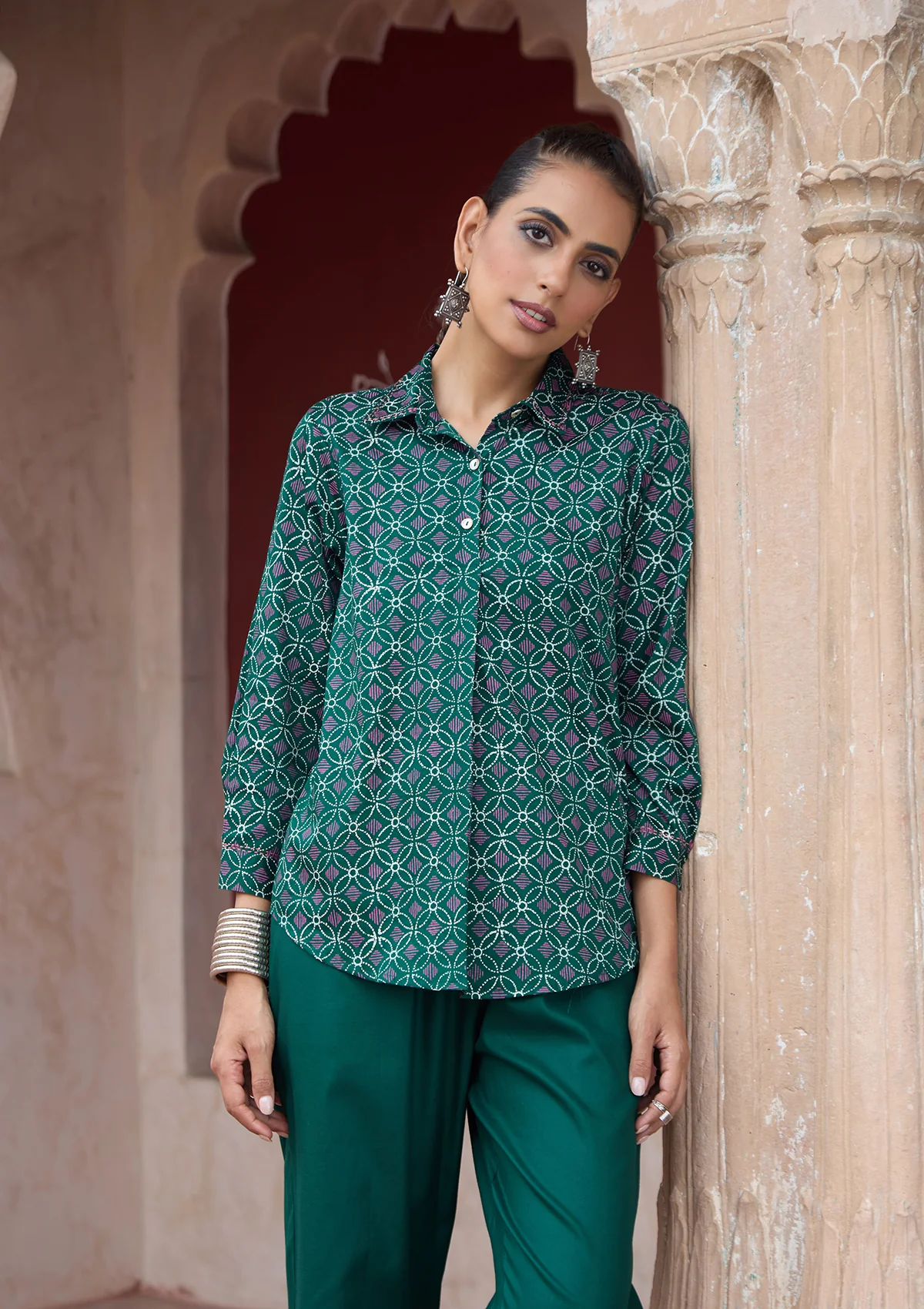 HOC Glazed Cotton Hand Block Printed with Hand Embroidery Women's 2 PC Co-ord Set - Dark Green - Healthber