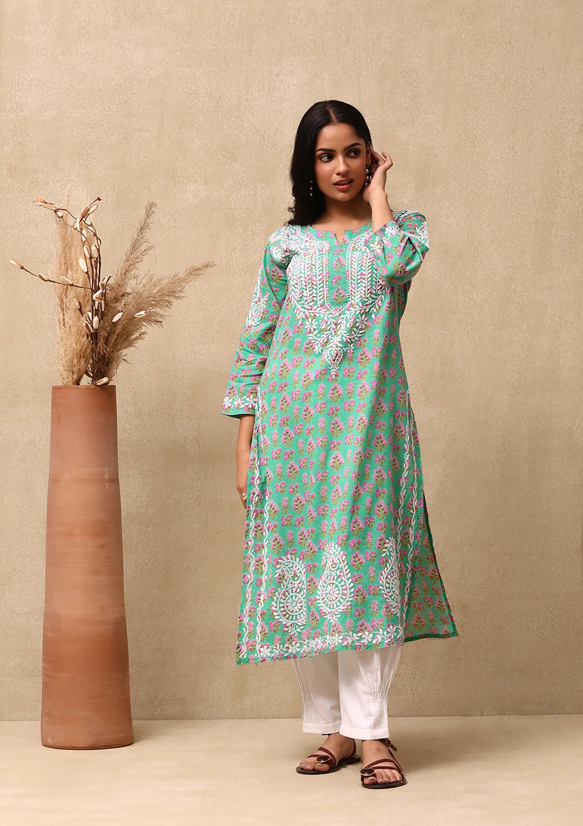 HOC Cotton Chikankari Printed Women's Long Kurta - Green - Healthber
