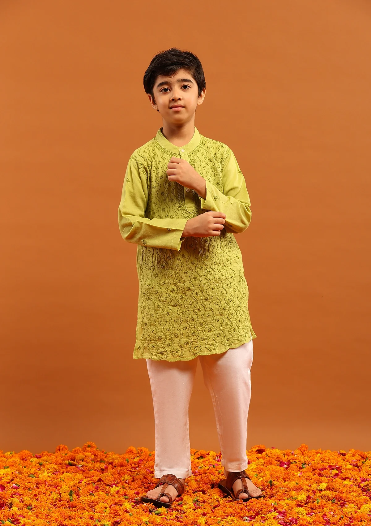 HOC Cotton Chikankari Solid Boy's 2Pc Kurta Set-Green - Healthber