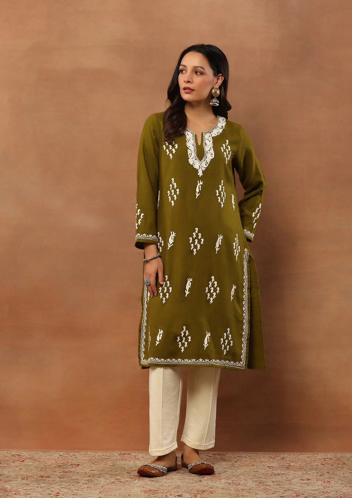 HOC Aari Embroidered Woollen Solid Women's Long Kurta - Olive Green - Healthber