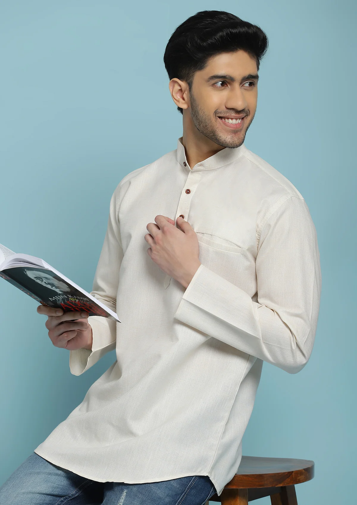 HOC Poly Cotton Solid Men's Short Kurta - Cream - Healthber