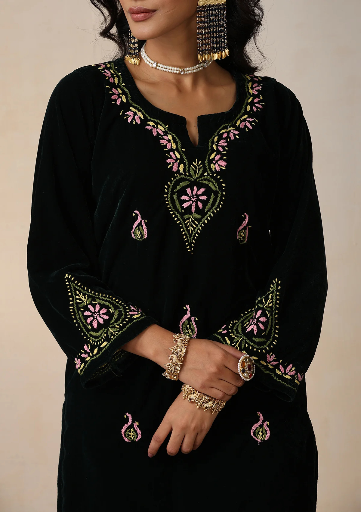 HOC Velvet Chikankari Solid Women's 2 PC Long Kurta Set - Green - Healthber