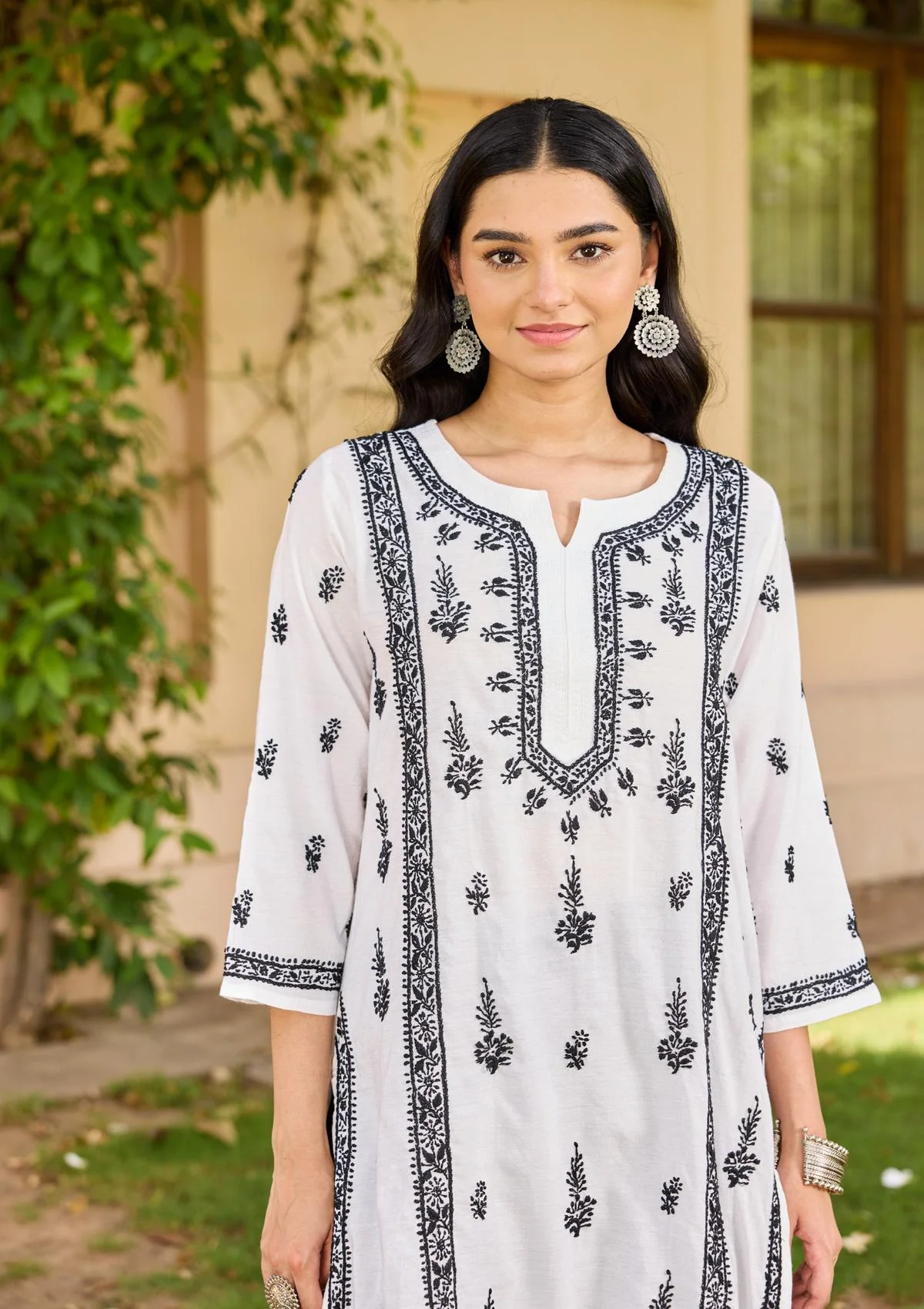 HOC Chanderi Chikankari Solid Women's Long Kurta  - White - Healthber