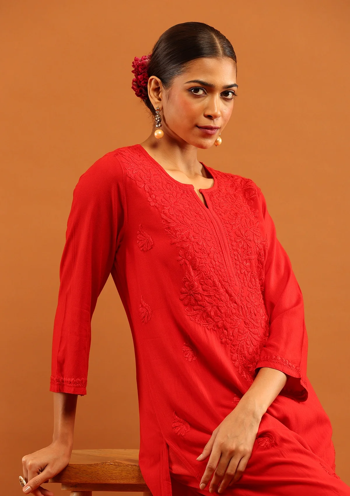 HOC Rayon Chikankari Solid Women's Long Kurta-Red - Healthber