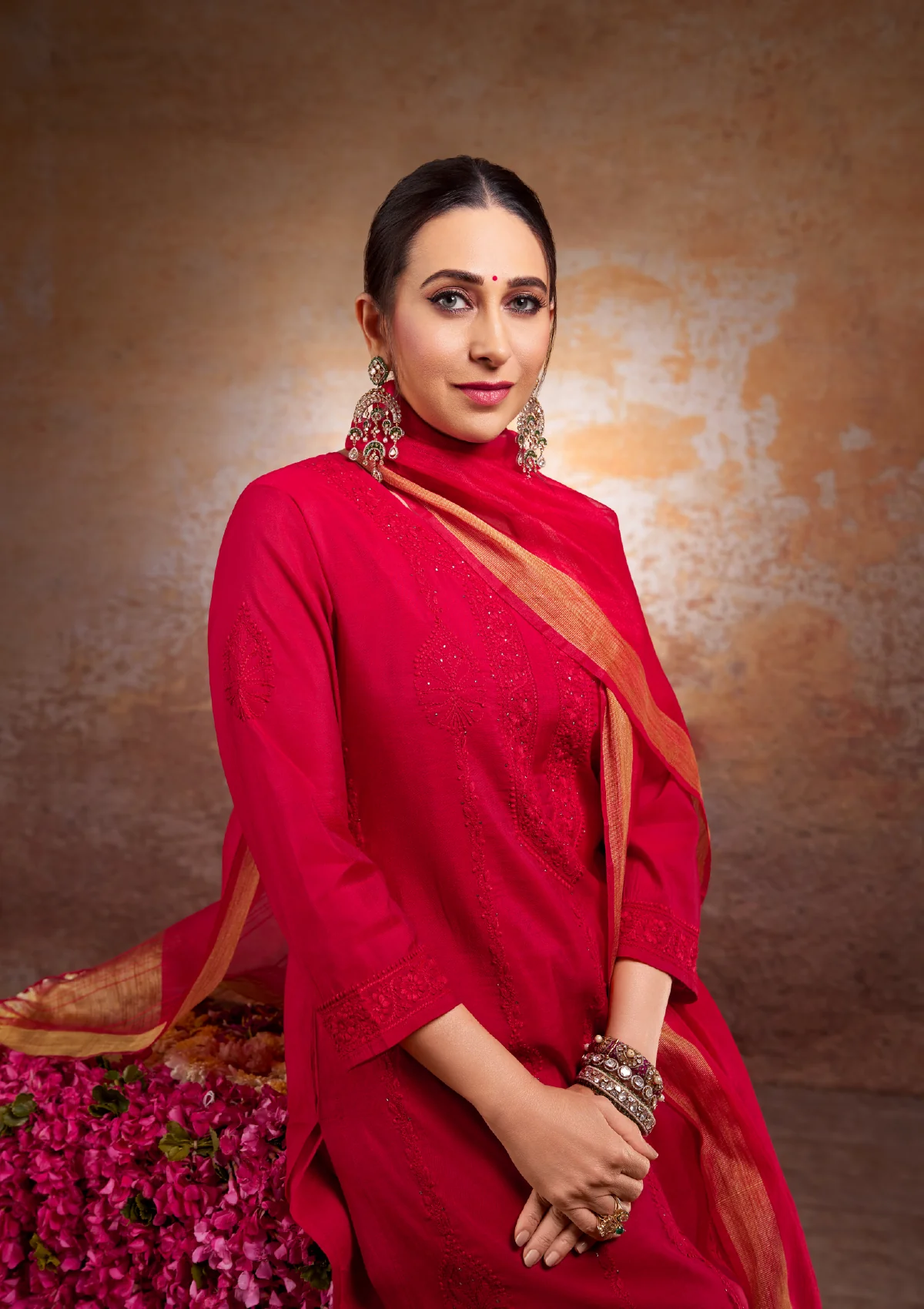 Karisma Chanderi Chikankari Solid Women's 4 PC Long Kurta Set with dupatta - Red - Healthber