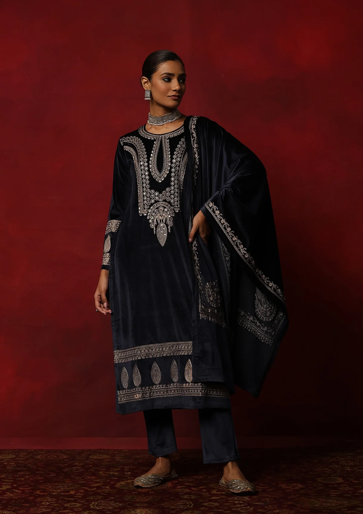 HOC Velvet Embroidered & Embellished Solid Women's 3 PC Kurta Set- Navy Blue - Healthber