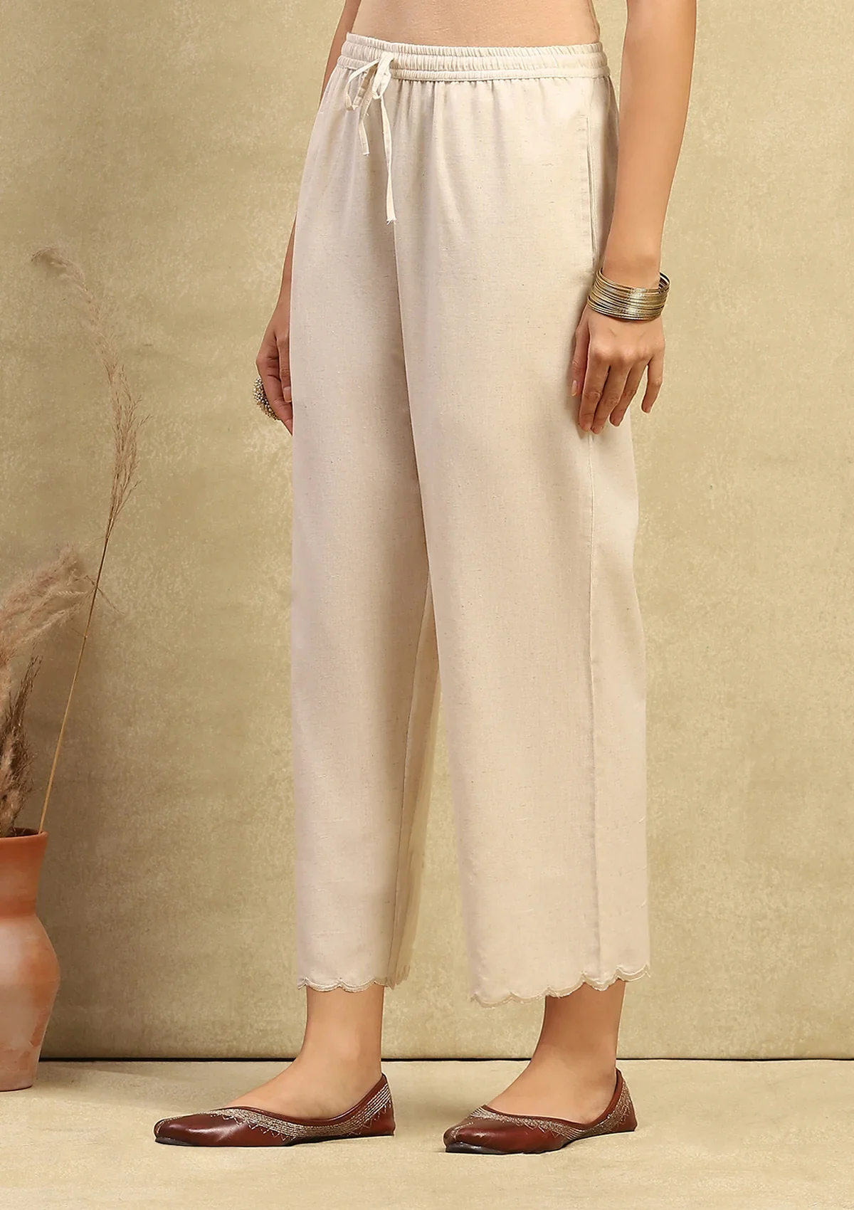 HOC Cotton Linen Blend Women's Solid Scalloped Culottes - Beige - Healthber