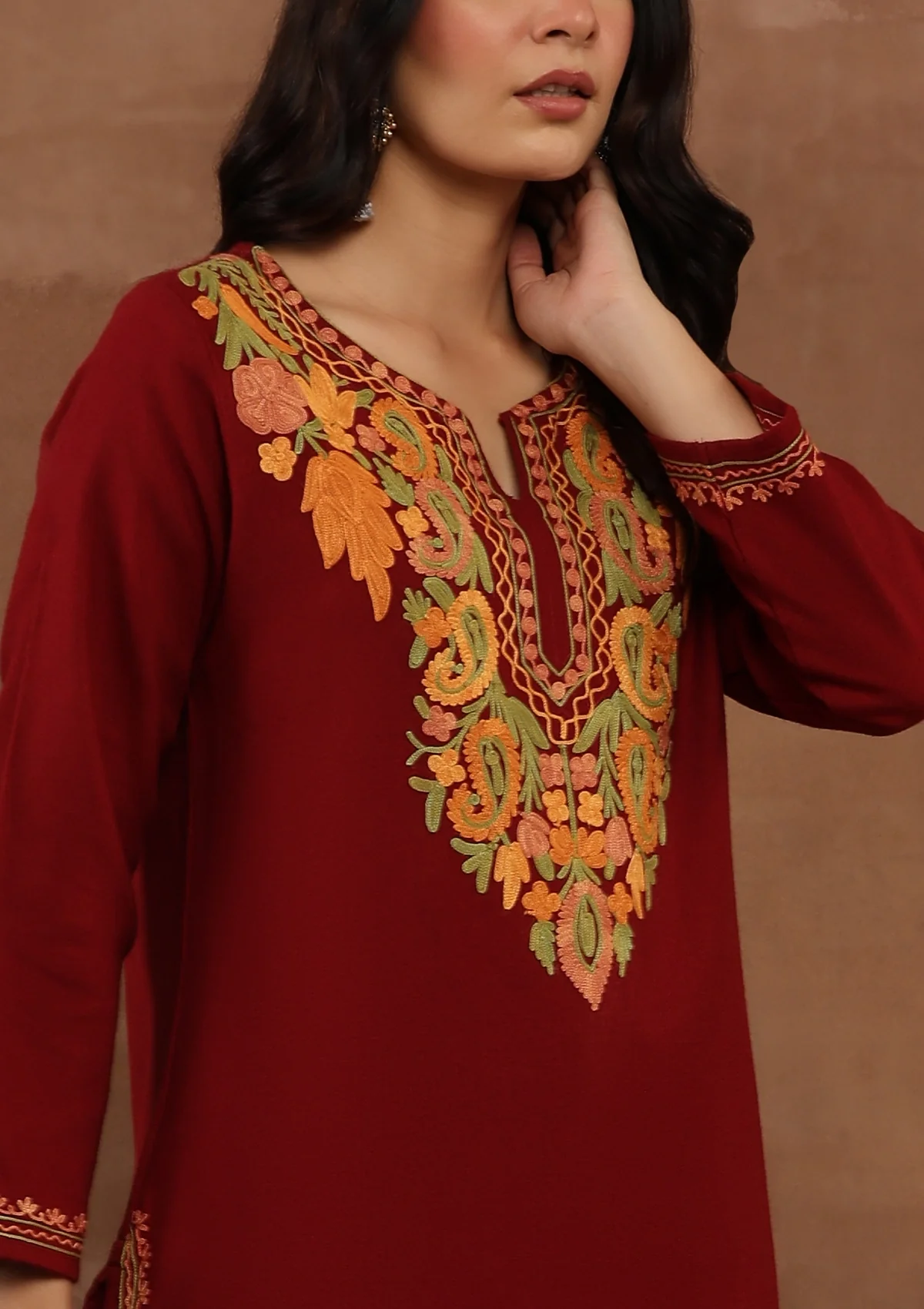 HOC Kashmiri Wool Aari Embroidered Solid Women's 2 PC Kurta Set-Maroon - Healthber