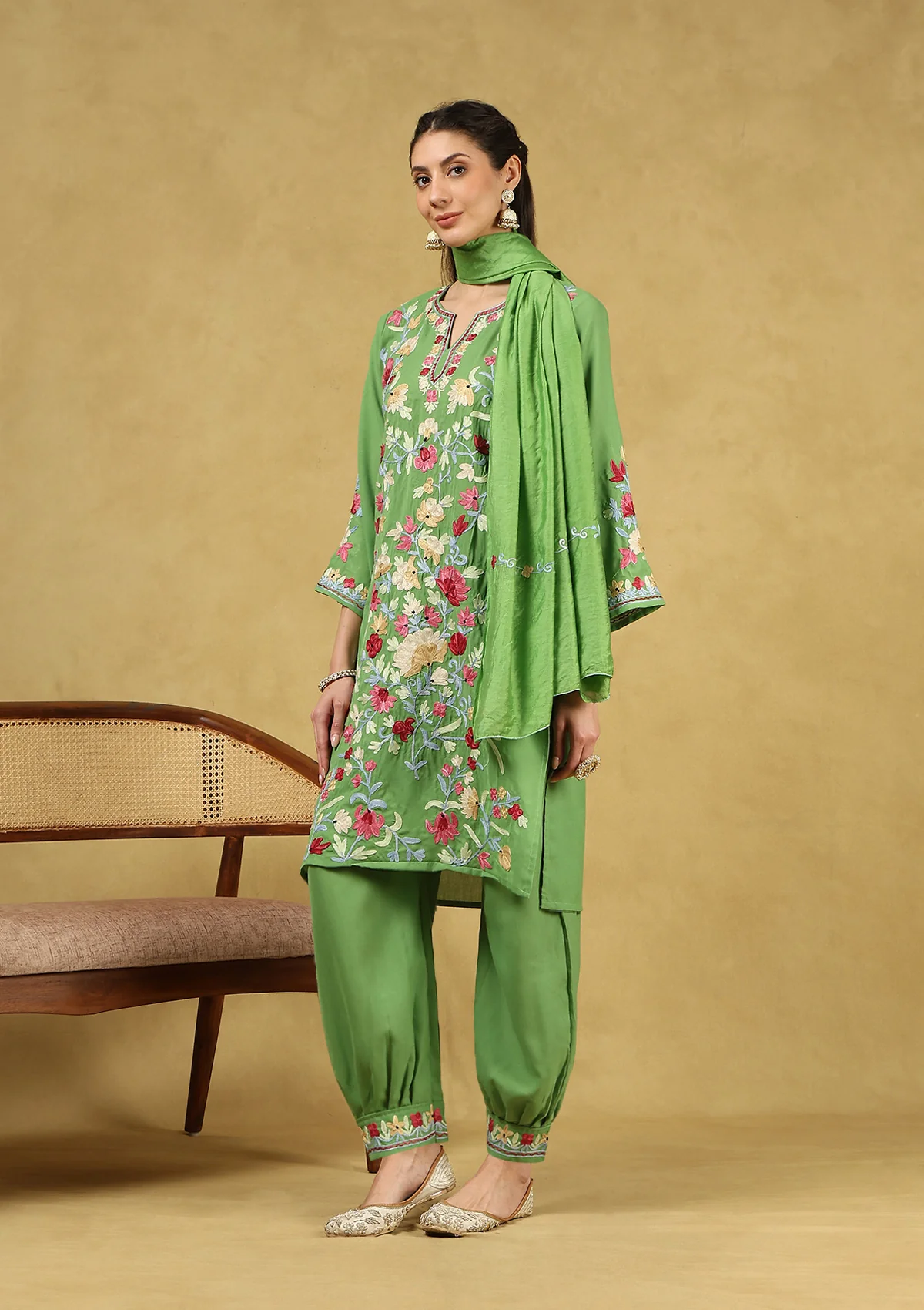 HOC Cotton Aari Embroidered Solid Women's 3 PC Short Kurta Set with Dupatta - Parrot Green - Healthber