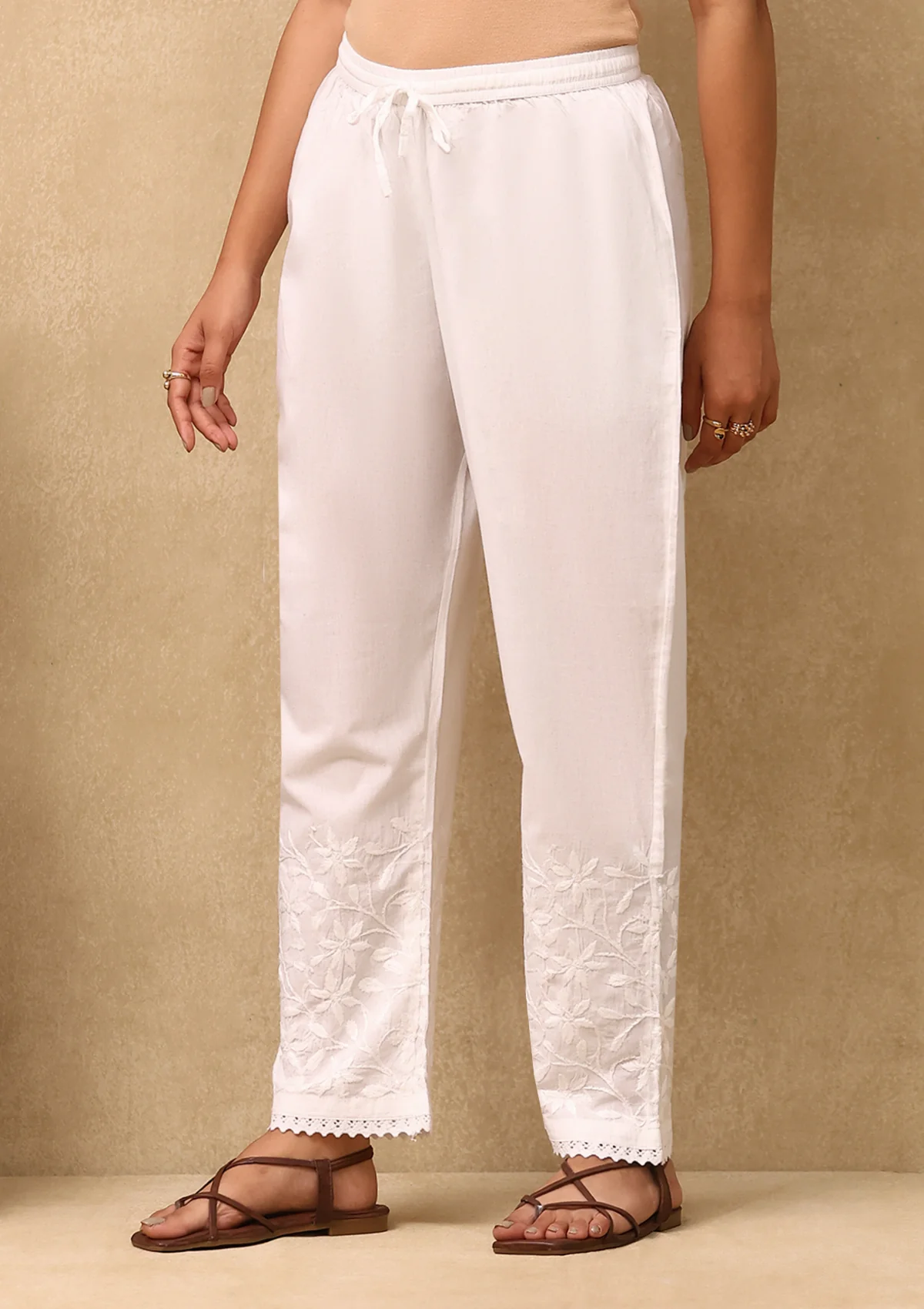 Cotton Chikankari With Lace Solid Women's Palazzo - White - Healthber