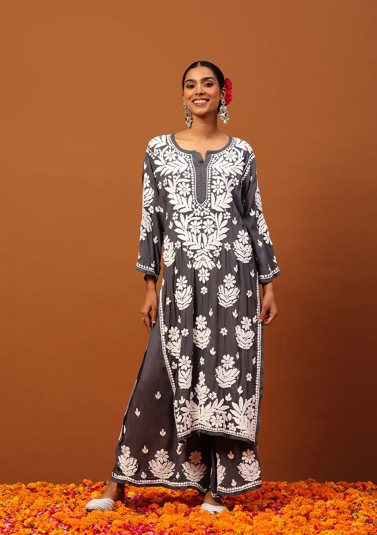 HOC Modal Chikankari Solid Women's 2 PC Long Kurta Set -Grey - Healthber