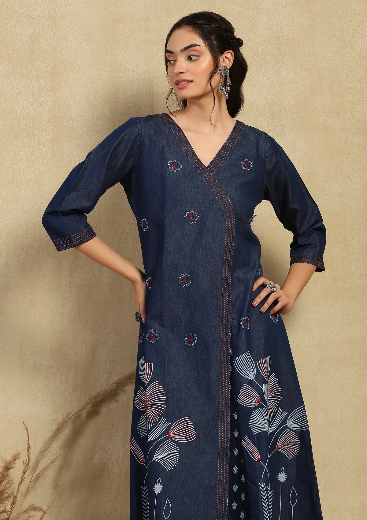 HOC Kantha Denim Printed Women's A-Line Kurta - Dark Blue - Healthber