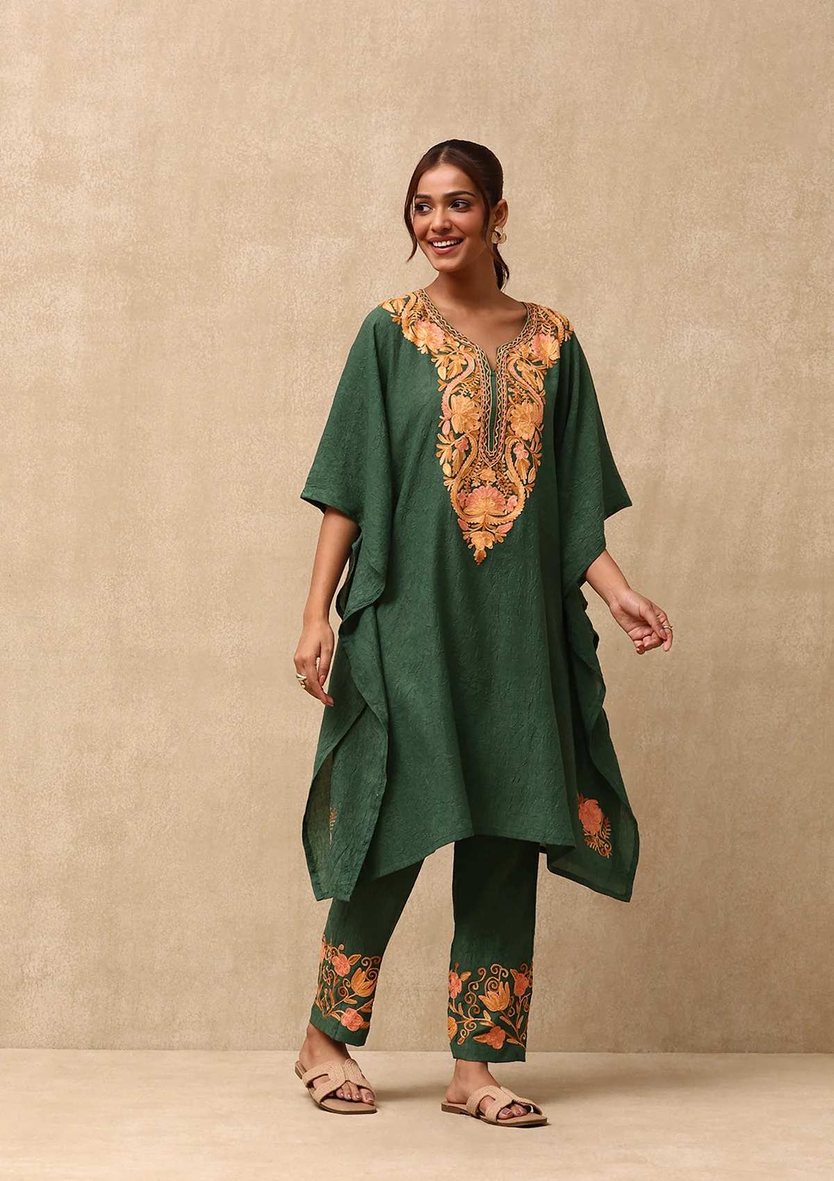 HOC Aari Embroidered Cotton Crush Crepe Solid Women's 2PC Kaftan Set - Green - Healthber