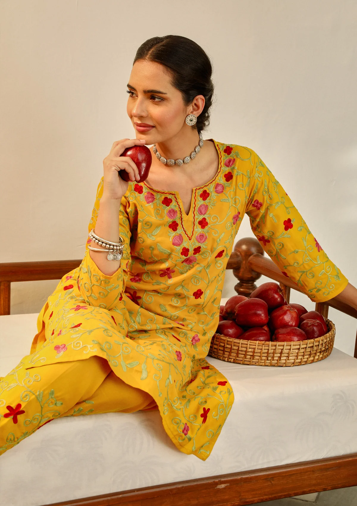 HOC Aari Embroidered Cotton Solid Women's 2PC Long Kurta Set - Mustard Yellow - Healthber