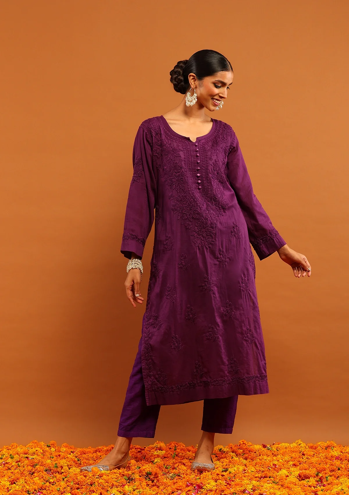HOC Cotton Chikankari Solid Women's Long Kurta- Dark Purple - Healthber