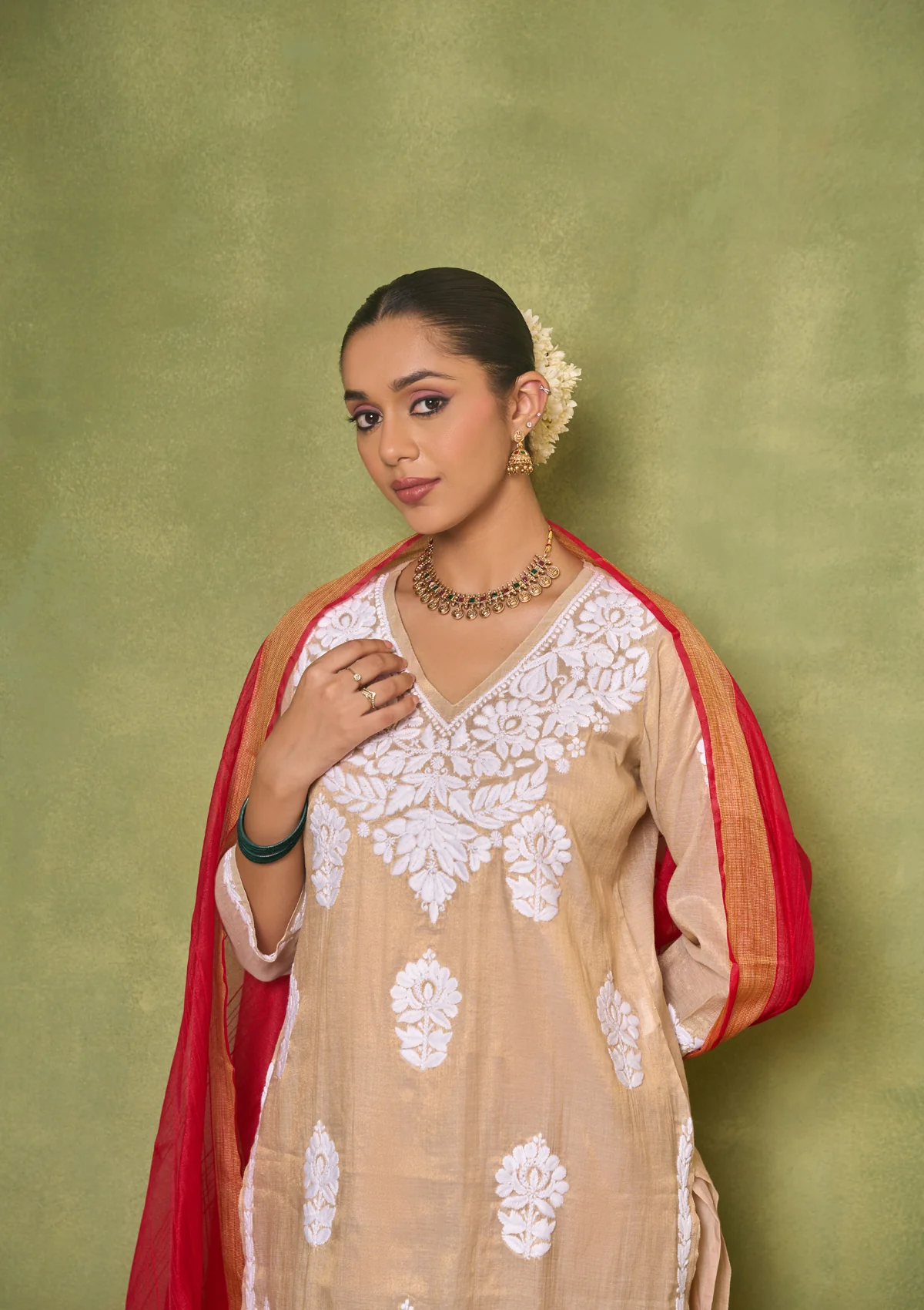 HOC Tissue Silk Chikankari Solid Women's 4 PC Long Kurta Set - Golden - Healthber