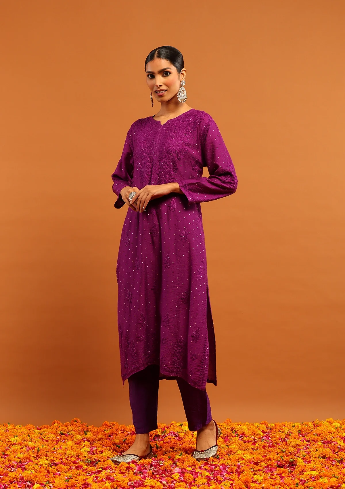 HOC Banarasi Chanderi Chikankari Solid Women's Long Kurta-Purple - Healthber