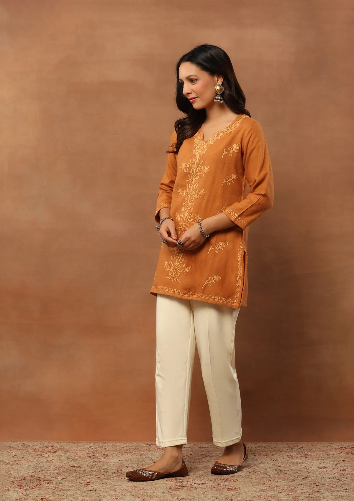 HOC Aari Embroidered Woollen Solid Women's Short Kurta - Rust - Healthber