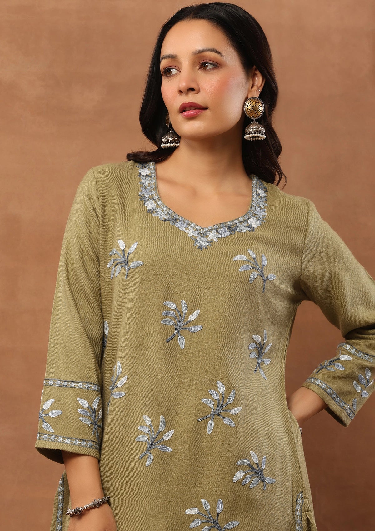 HOC Aari Embroidered Woollen Solid Women's Long Kurta - Olive - Healthber