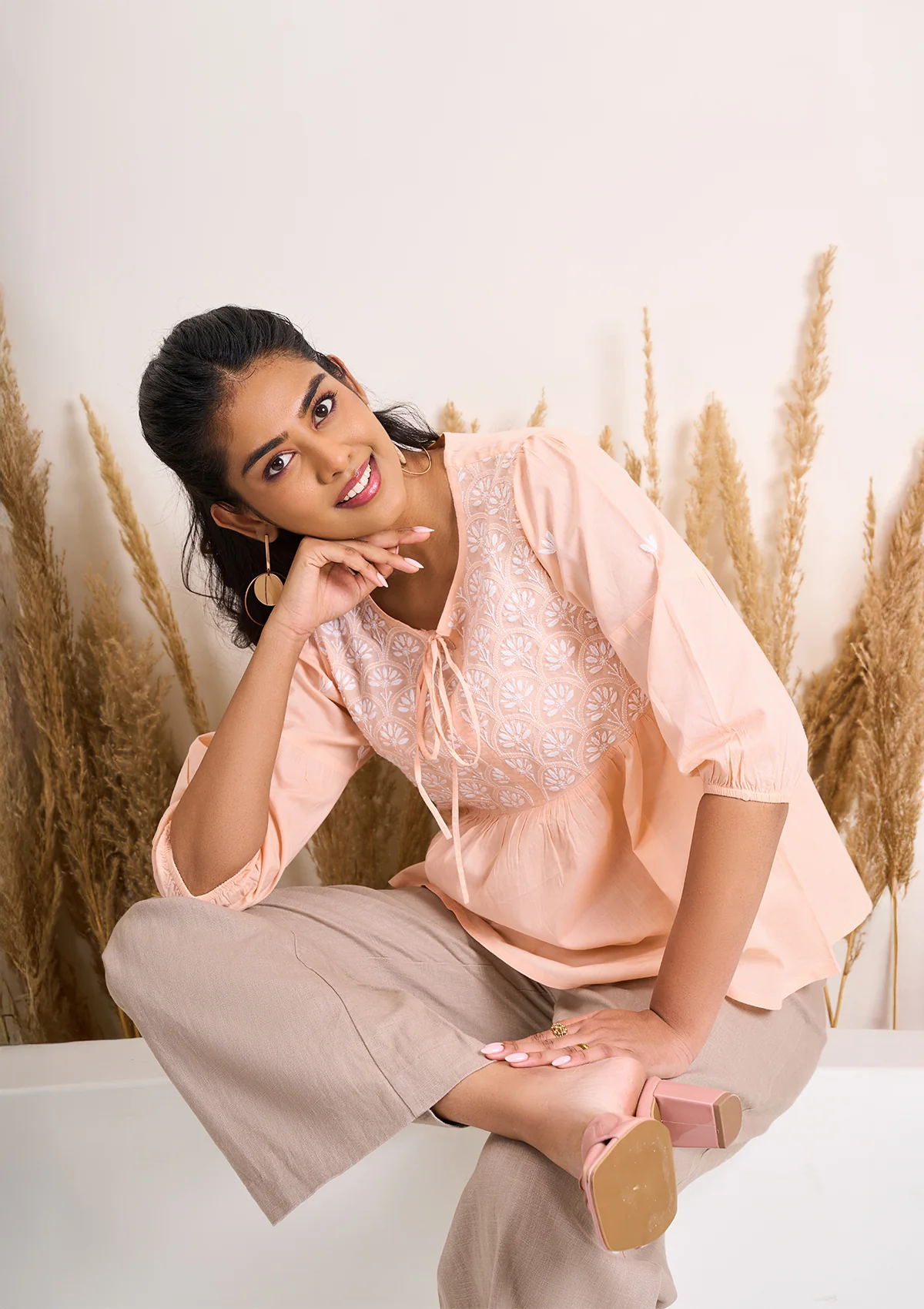 HOC Cotton Chikankari Solid Women's Top - Peach - Healthber