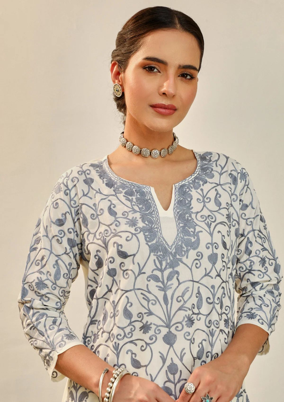 HOC Aari Embroidered Cotton Solid Women's 2 PC Co-ord Set - Off White - Healthber