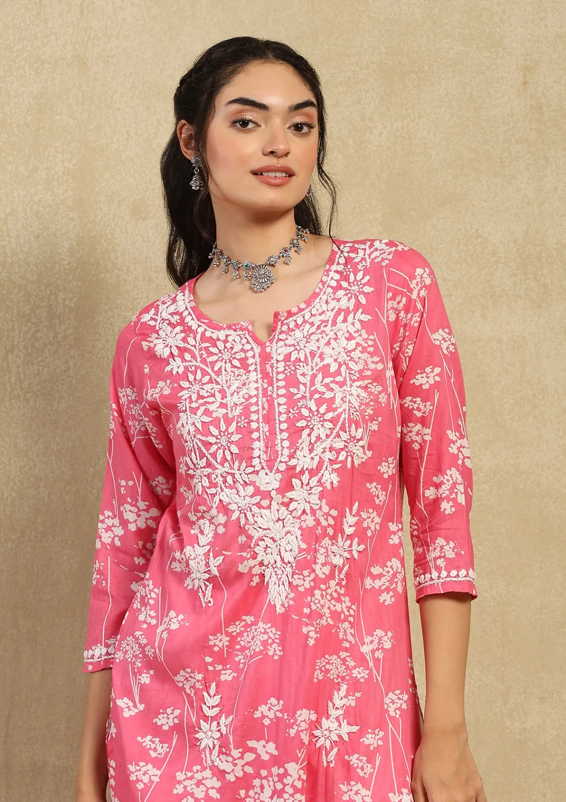 HOC Zainab Chikankari Mulmul Printed Straight Kurta -Pink - Healthber