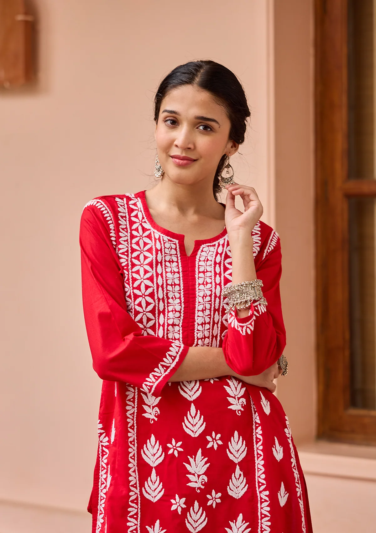 HOC Cotton Chikankari Solid Women's Long Kurta - Red - Healthber