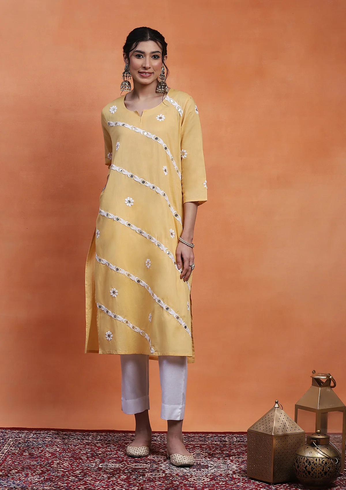 HOC Cotton Chikankari Gota Work Women's Long Kurta - Yellow - Healthber