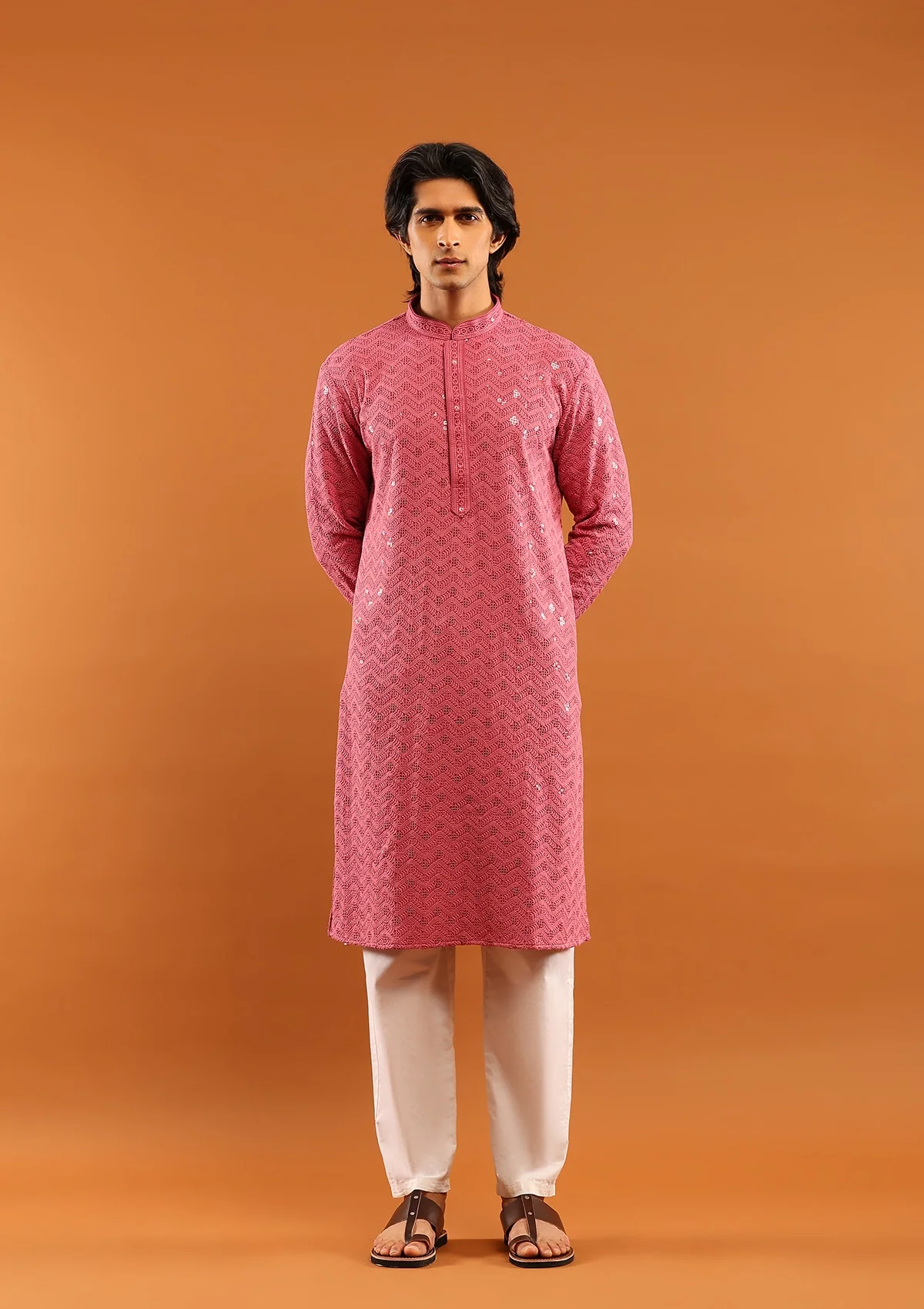 HOC Rayon Embroidered With Sequins Solid Men's Long Kurta- Pink - Healthber