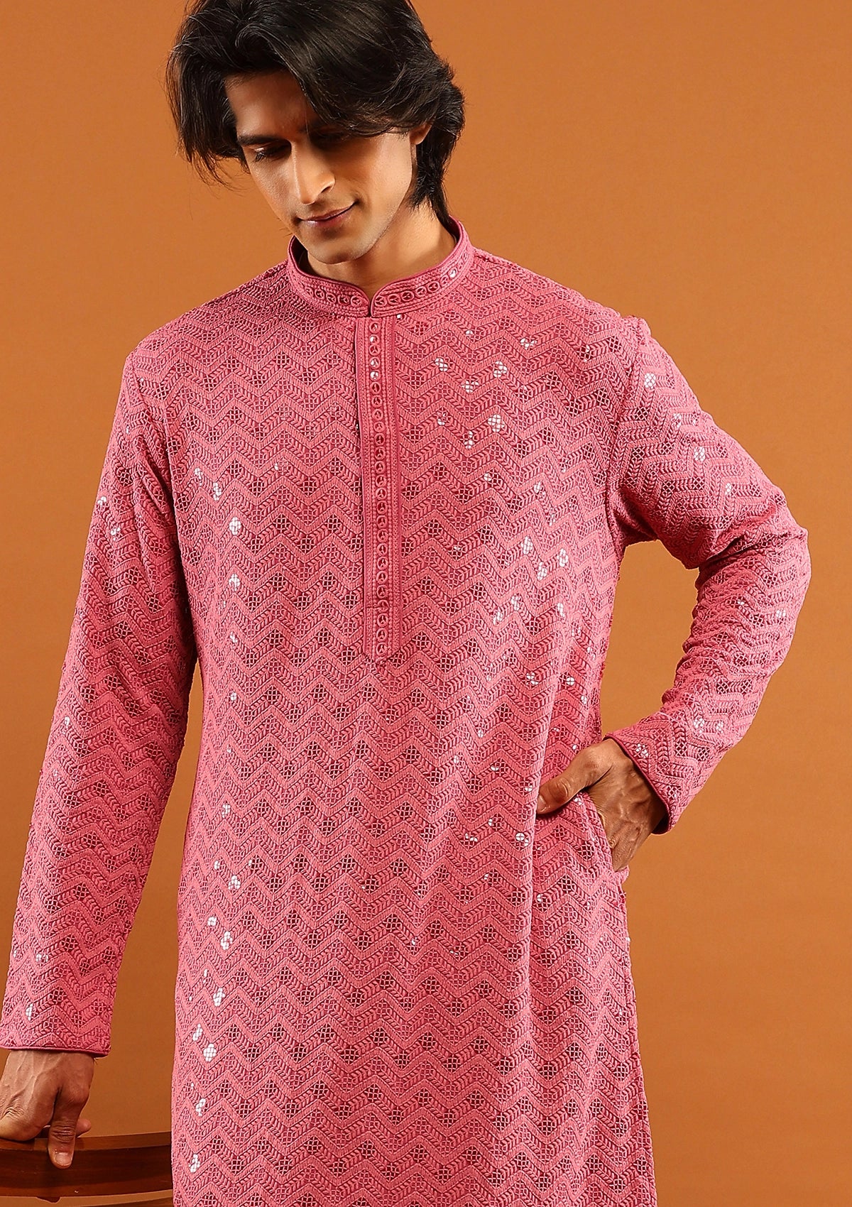 HOC Rayon Embroidered With Sequins Solid Men's Long Kurta- Pink - Healthber