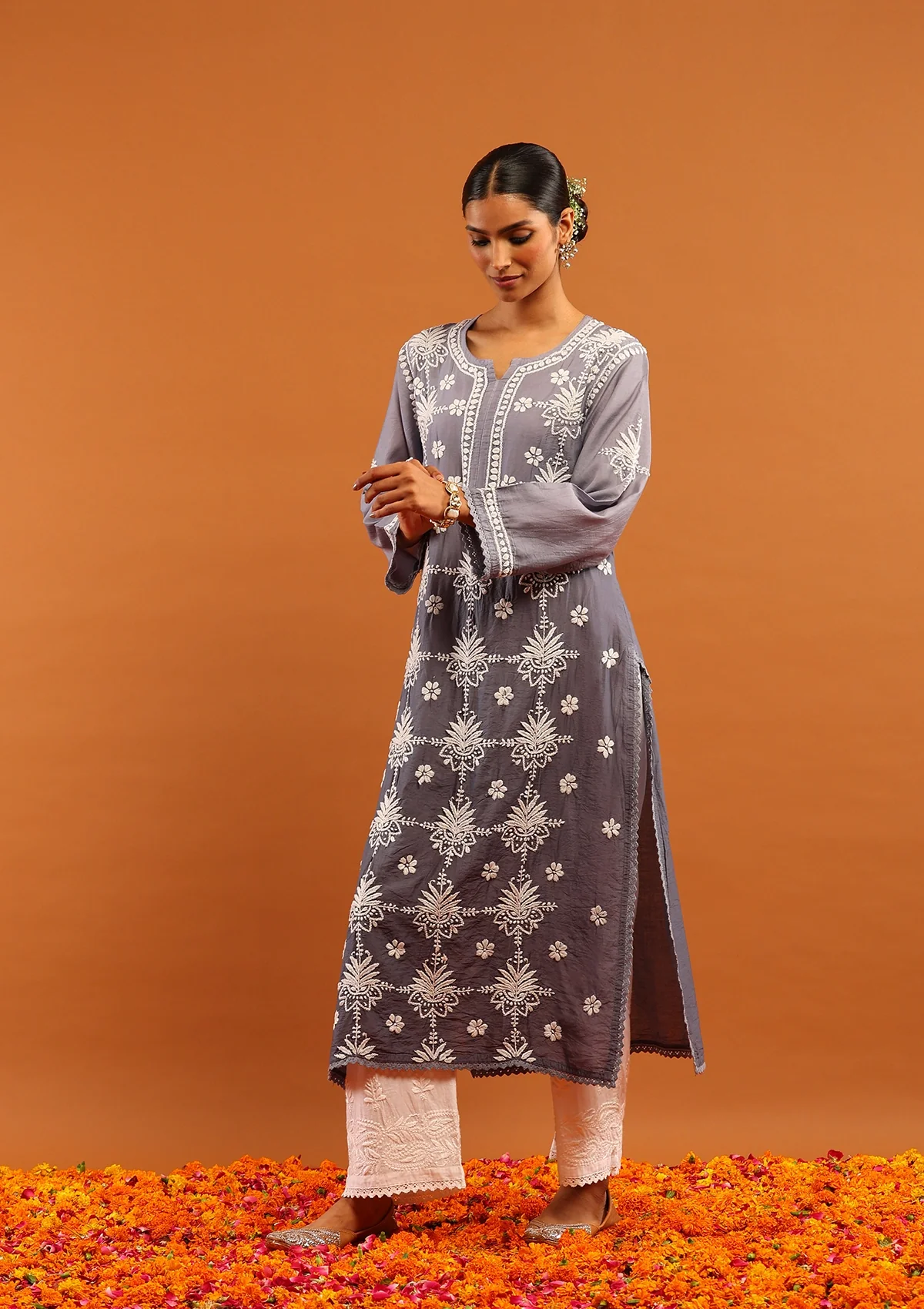 HOC Chanderi Chikankari Ombre Women's Long Kurta-Grey - Healthber