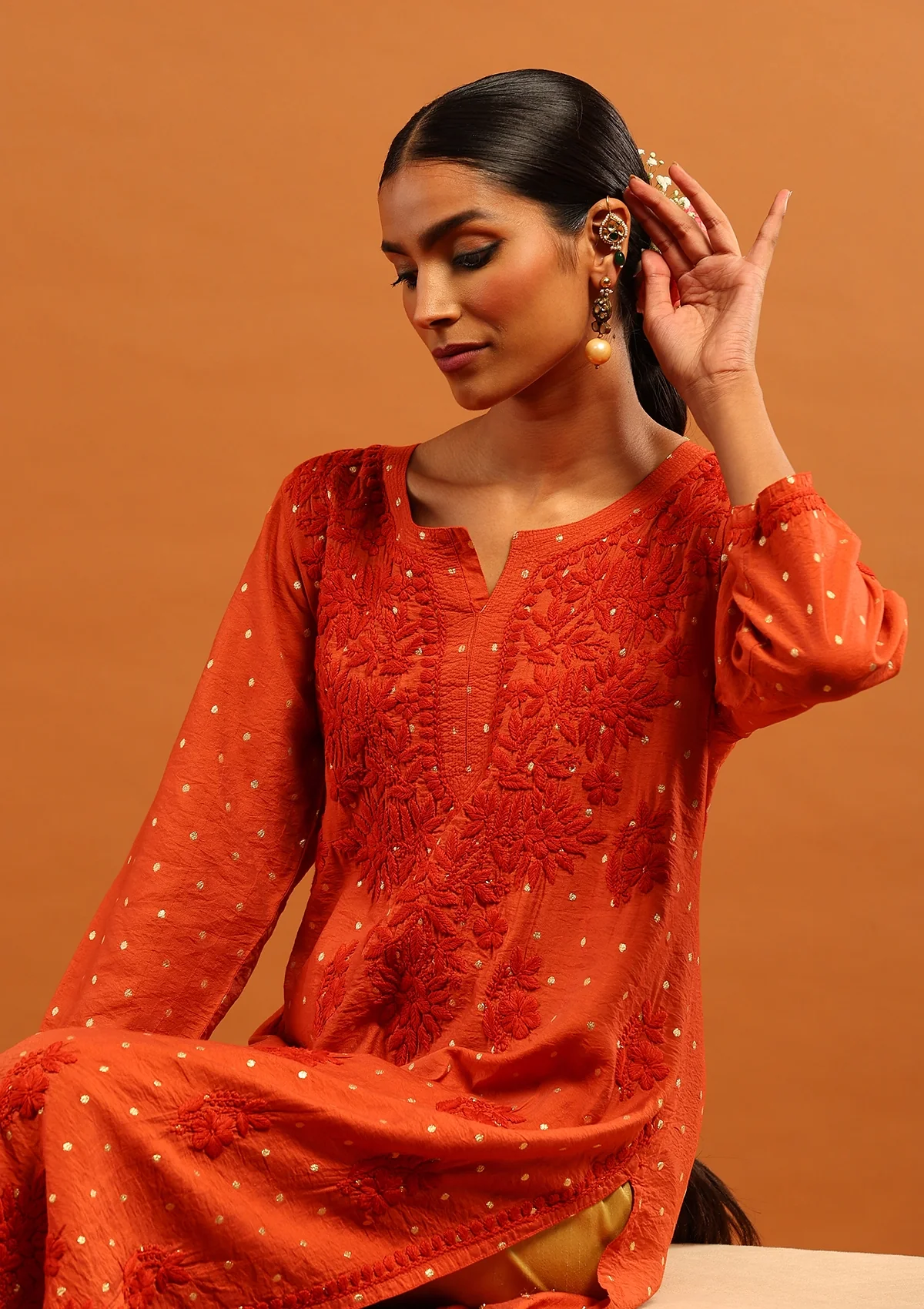 HOC Banarasi Chanderi Chikankari Solid Women's Long Kurta- Rust - Healthber