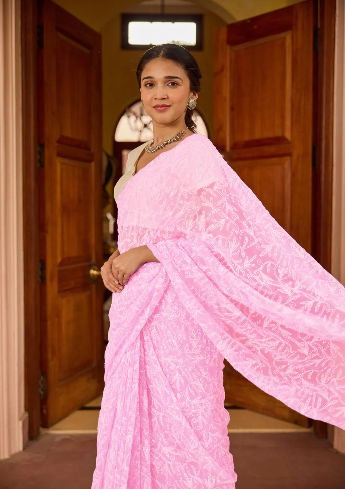 HOC Georgette Handwork Chikankari Tepchi Jaal Work Solid Women's Saree - Light Pink - Healthber