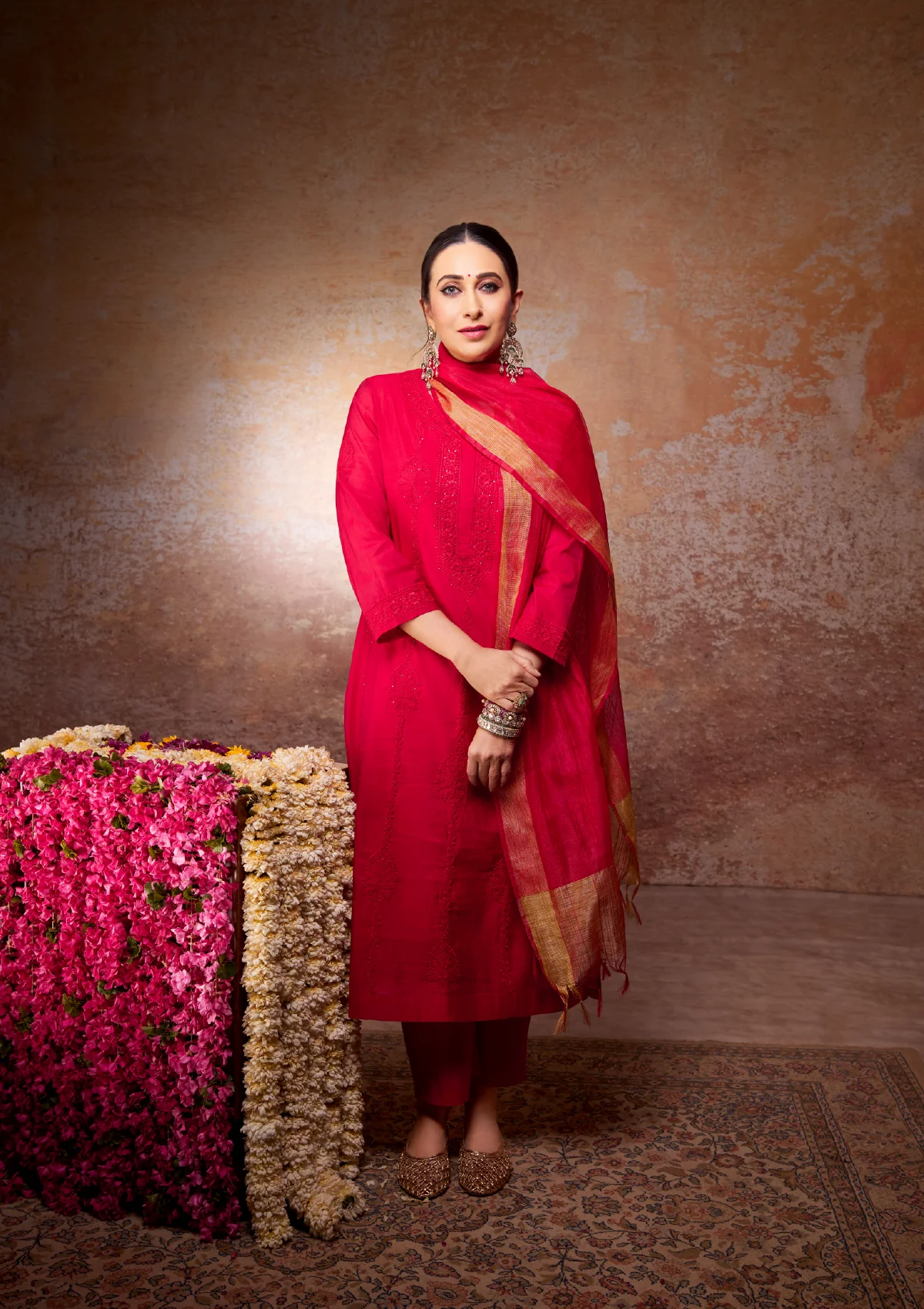 Karisma Chanderi Chikankari Solid Women's 4 PC Long Kurta Set with dupatta - Red - Healthber