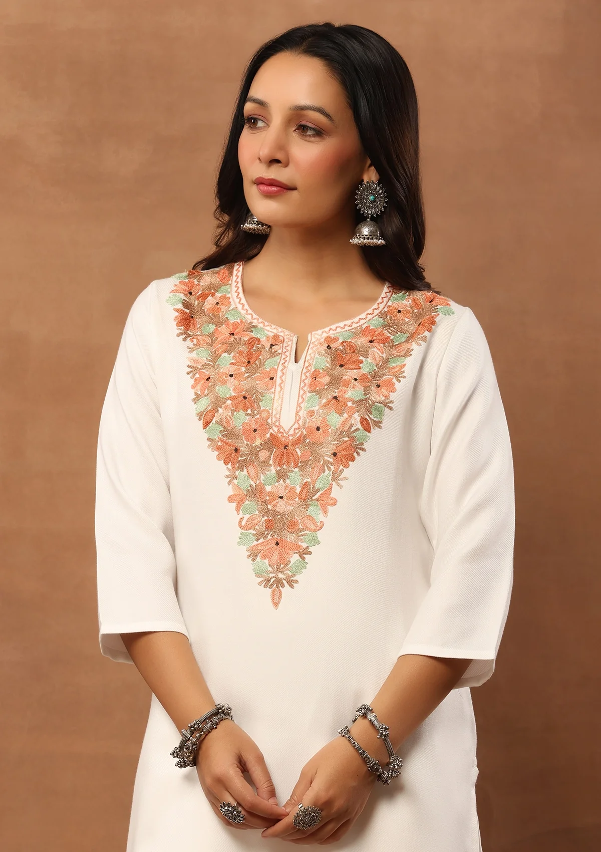 HOC Woollen Aari Embroidered Solid Women's 2 PC long Kurta Set - White - Healthber